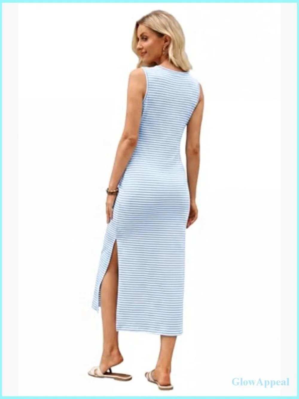 Women's Sleeveless V-Neck Midi Dress with Tie Waist Side Slit - Picture 5 of 7